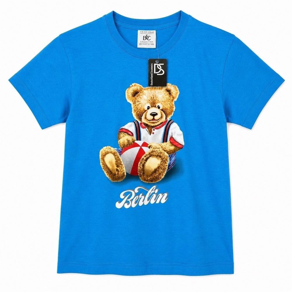 B&C Collection Kids Berlin Teddy Bear Graphic Shirt Blue Size 7/8 122-128cm NWT